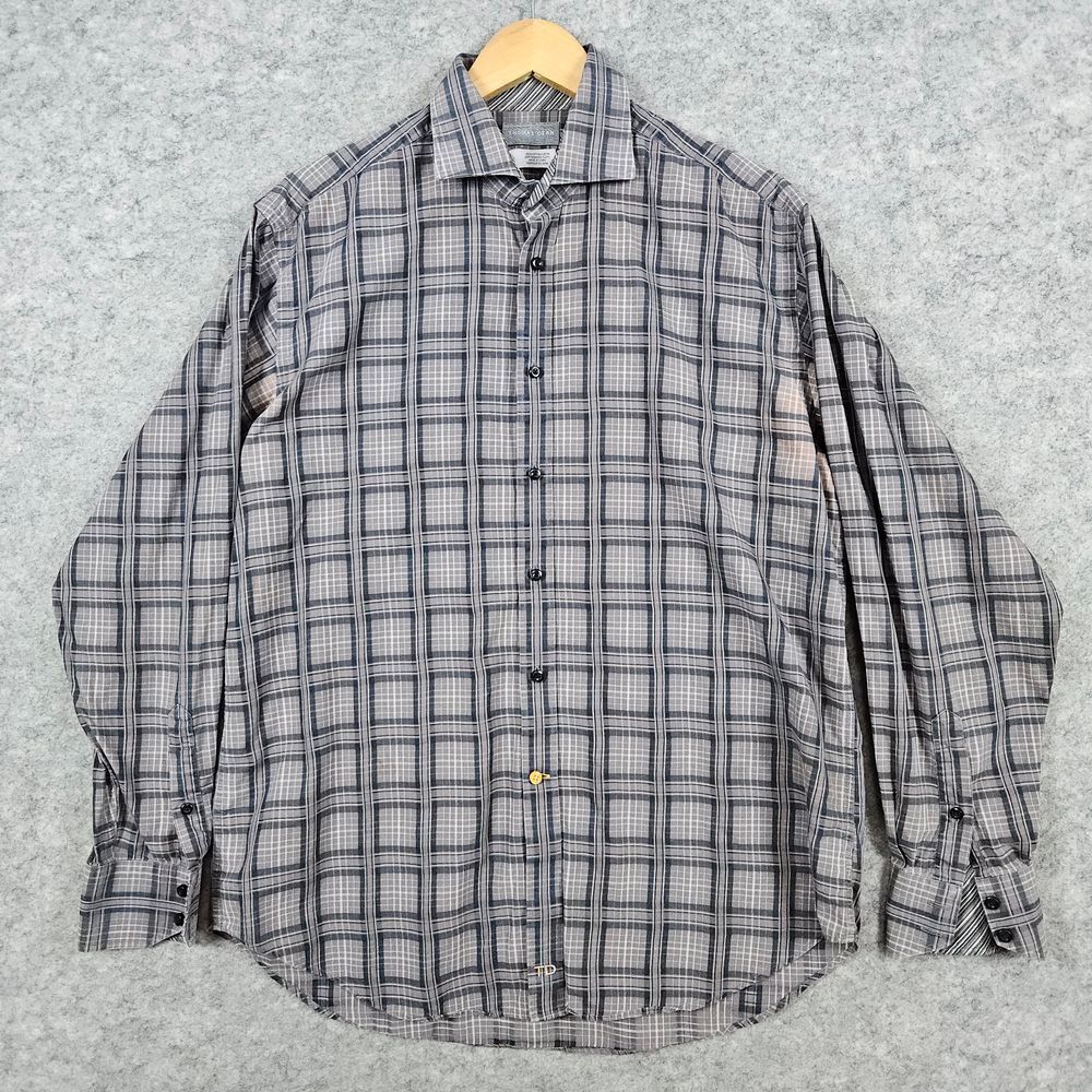 Thomas Dean Men's Dress Shirt‎ Size L 100% Cotton Taupe Windowpane STAINING